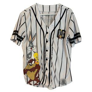 Looney Tubes Women Large White Black Pin Stripe Graphic Short Sleeve Jersey Top